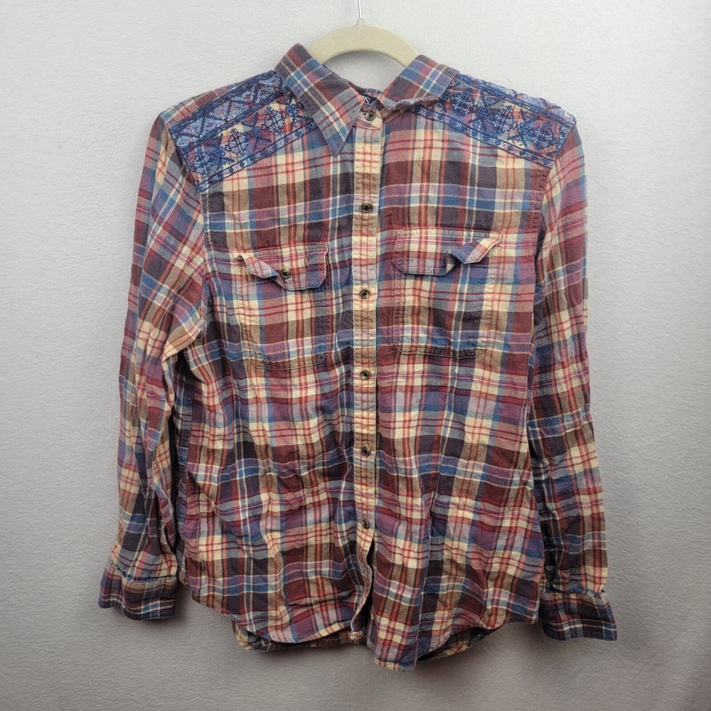 Chaps Large Womens Plaid Button Up Shirt Long Sleeves Cross Stitch Shoulders